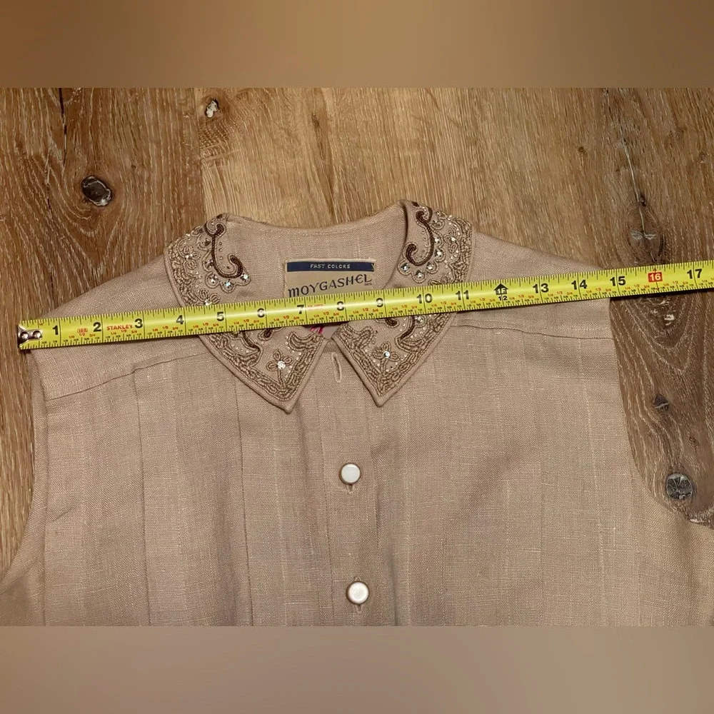 Vintage 1940’s 50s rhinestone beads linen dress pleats buttons Medium M 28”w VLV - Picture 6 of 12